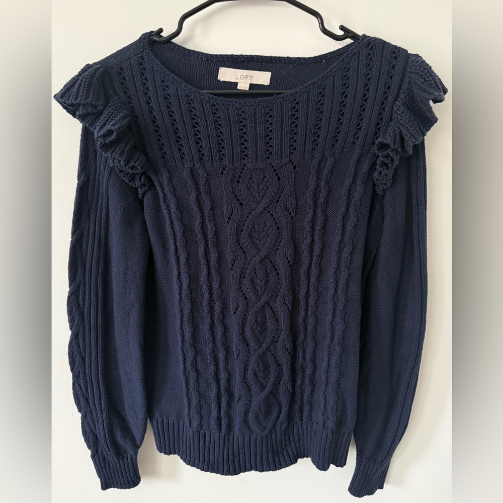 LOFT Navy Cable Knit Ruffle Shoulder Sweater Size Medium